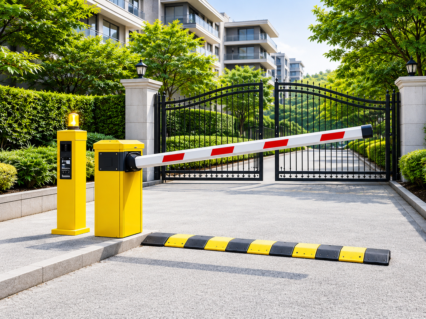 Boom barrier installed at commercial entrance — front elevation view